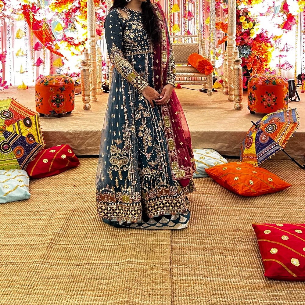 Qalamkar Sabrina Embellished Blue and Gold Lehenga